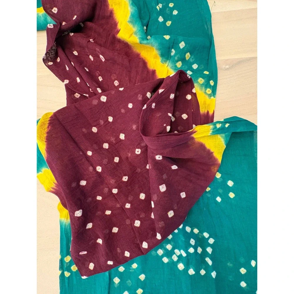Handmade Bandhani Tie-Dye Cotton Scarf Dupatta Teal Maroon Yellow Indian Wrap